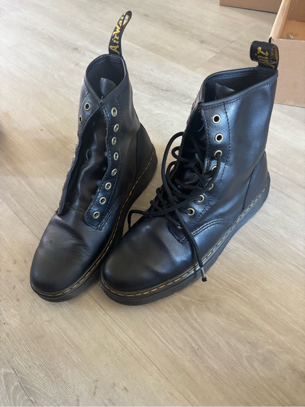 Dr. Martens Black Leather Lace-Up Combat Boots with Yellow Stitching. SIZE 42Eu